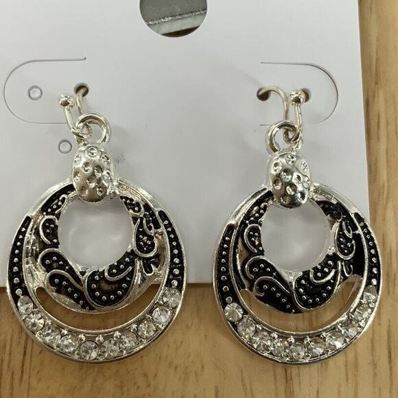 Two Tone Layer Earrings Black Silver Rhinestone Hoop Fashion Jewelry - Picture 1 of 6